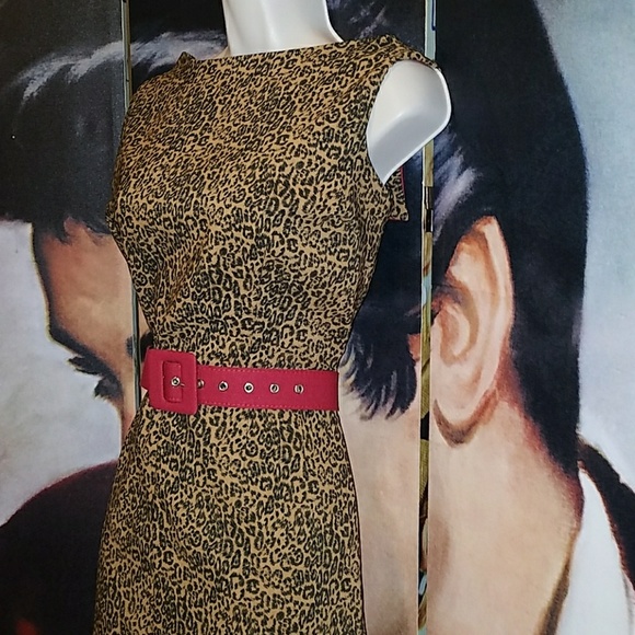 Tatyana Leopard Retro 1950’s Pinup Pencil Dress w Red Back Flap & Button Detail - Picture 6 of 9